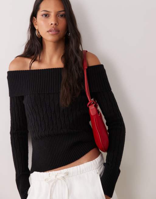 Cotton On cinched cable knit off shoulder knit jumper in black, 2 of 4