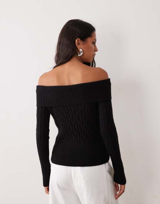 Cotton On cinched cable knit off shoulder knit jumper in black, 3 of 4