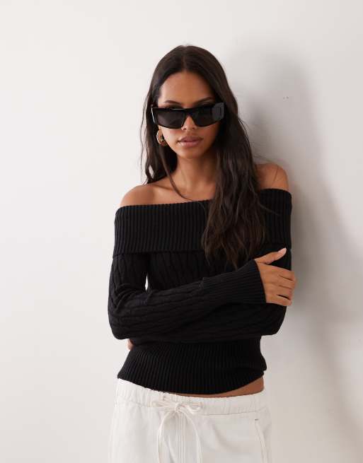Cotton On cinched cable knit off shoulder knit jumper in black, 4 of 4