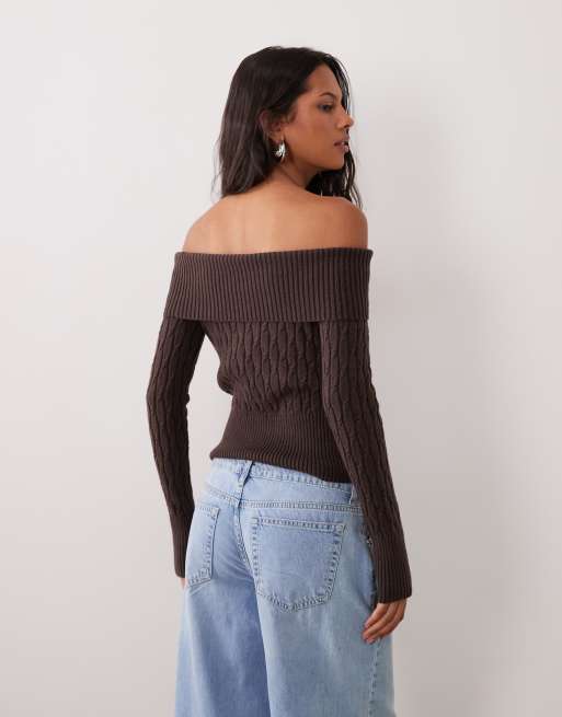 Cotton On cinched cable knit off shoulder knit jumper in brown, 3 of 4