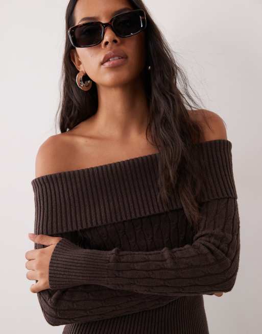 Cotton On cinched cable knit off shoulder knit jumper in brown, 4 of 4