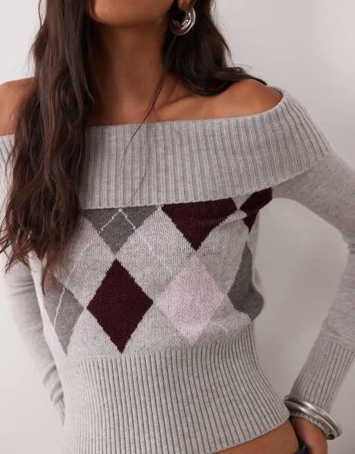 Cotton On cinched cable knit off shoulder knit jumper in grey argyle, 2 of 4