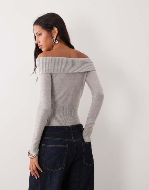 Cotton On cinched cable knit off shoulder knit jumper in grey argyle, 3 of 4