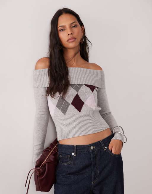 Cotton On cinched cable knit off shoulder knit jumper in grey argyle, 4 of 4