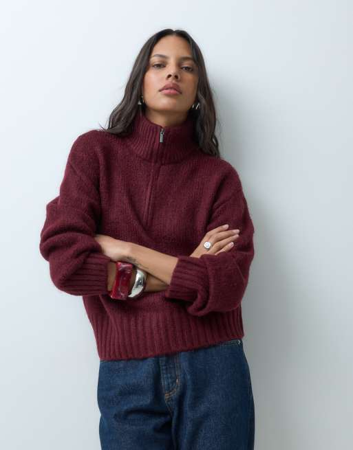 Cotton On cinched funnel zip pullover in sour cherry marle, 2 of 5