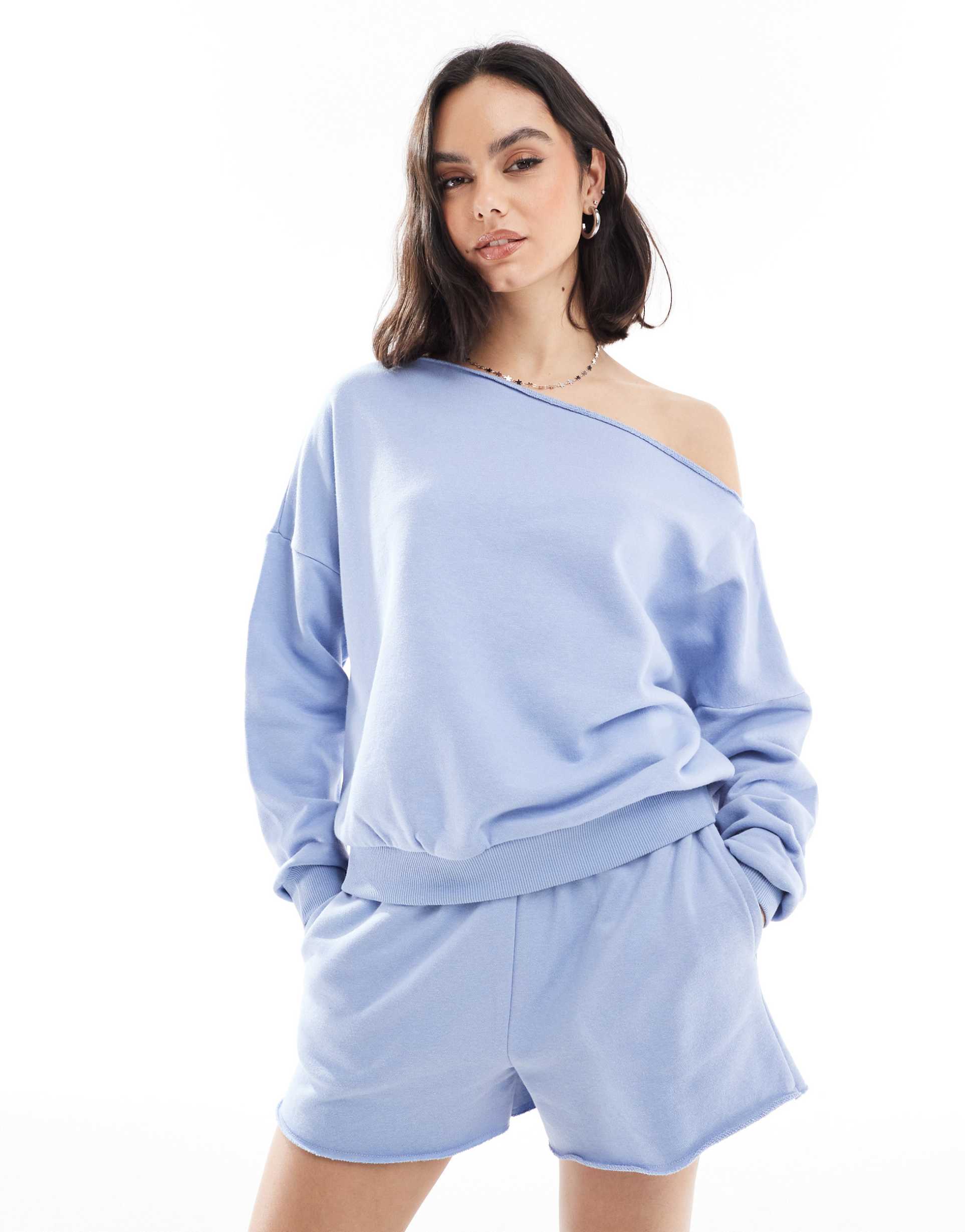 cotton on classic fleece off the shoulder sweatshirt in dusk blue - part of a set