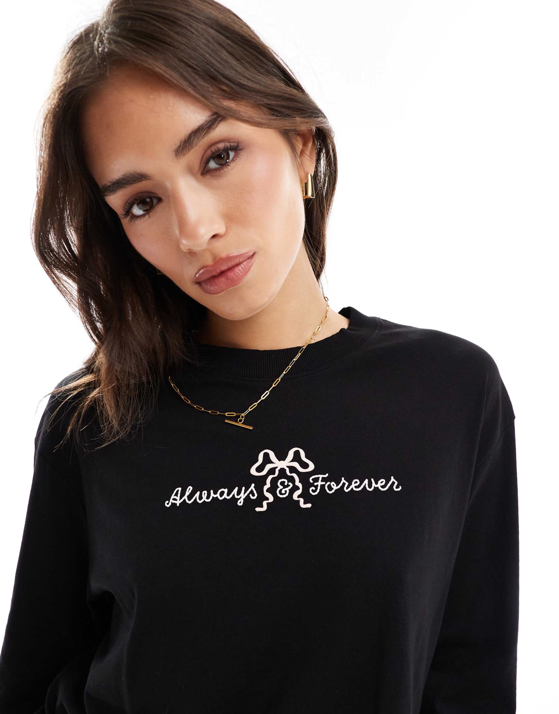 cotton on classic long sleeve graphic tee with always and forever graphic in black