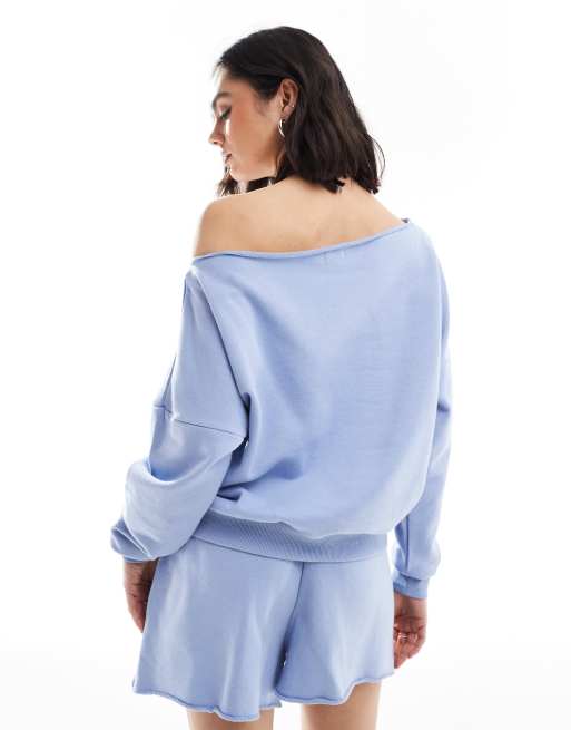 Cotton On - Classic - Støvet blå offshoulder-sweatshirt i fleece - Del af sæt, 2 af 4