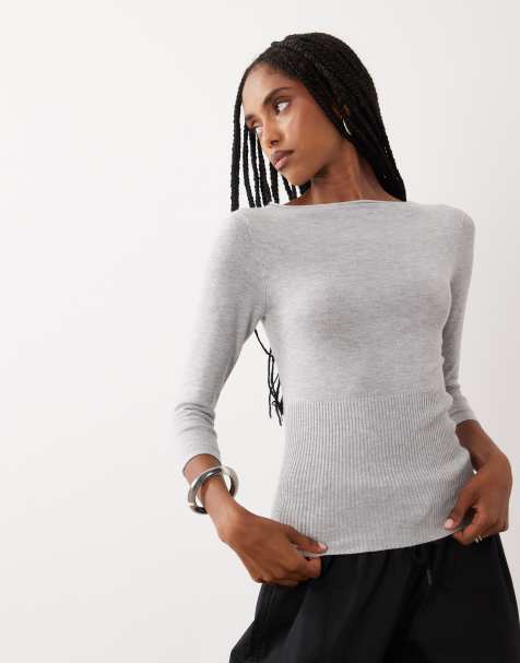 Cotton On close knit boat neck in grey marble - view 1