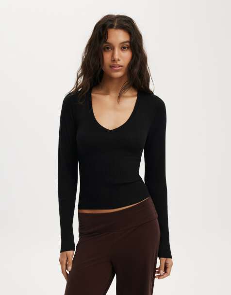 Cotton On Close knit v-neck top in black