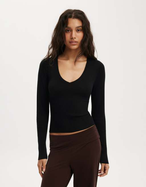 Cotton On Close knit v-neck top in black | ASOS