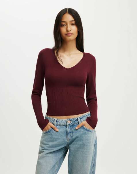 Cotton On Close knit v-neck top in burgundy - view 1