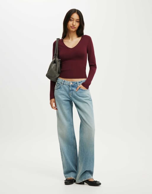 Cotton On Close knit v-neck top in burgundy, 2 of 4