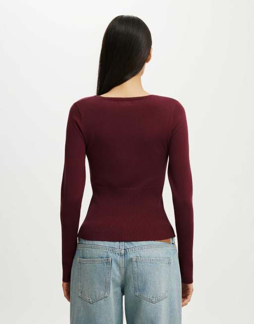 Cotton On Close knit v-neck top in burgundy, 4 of 4