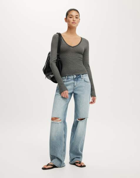 Cotton On Close knit v-neck top in charcoal mini stripe - view 1