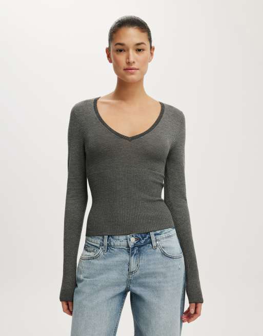 Cotton On Close knit v-neck top in charcoal mini stripe, 2 of 4