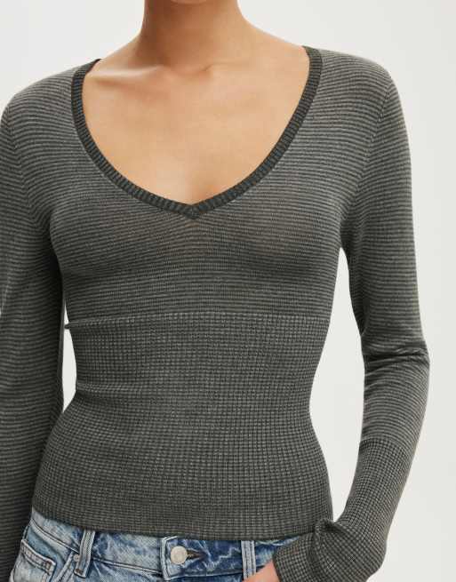 Cotton On Close knit v-neck top in charcoal mini stripe, 3 of 4