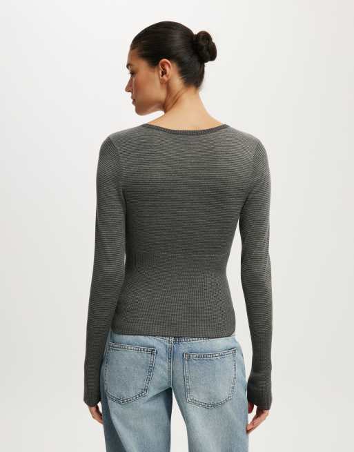 Cotton On Close knit v-neck top in charcoal mini stripe, 4 of 4