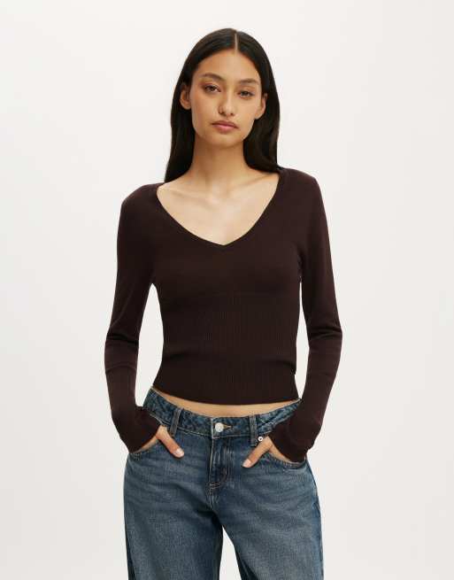 Cotton On Close knit v-neck top in dark oak, 2 of 4