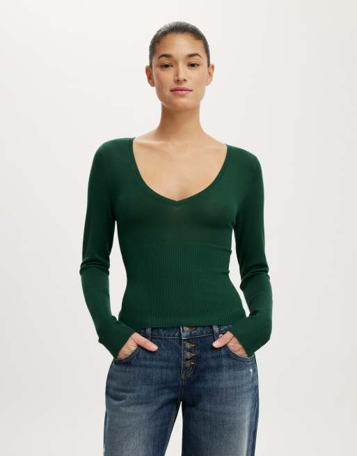 Cotton On Close knit v-neck top in heritage green, 2 of 4