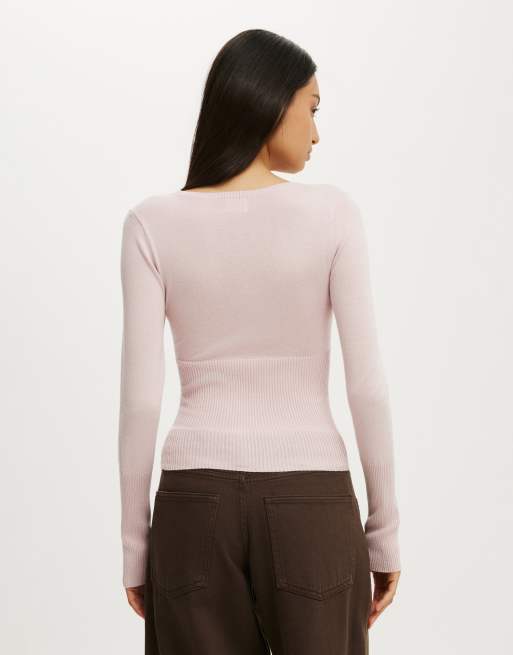 Cotton On Close knit v-neck top in pink, 4 of 4
