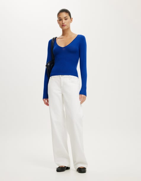 Cotton On Close knit v-neck top in sovereign blue - view 1