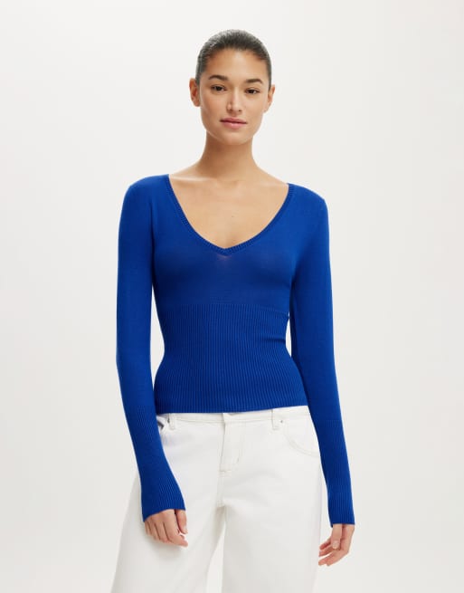 Cotton On Close knit v-neck top in sovereign blue, 2 of 4