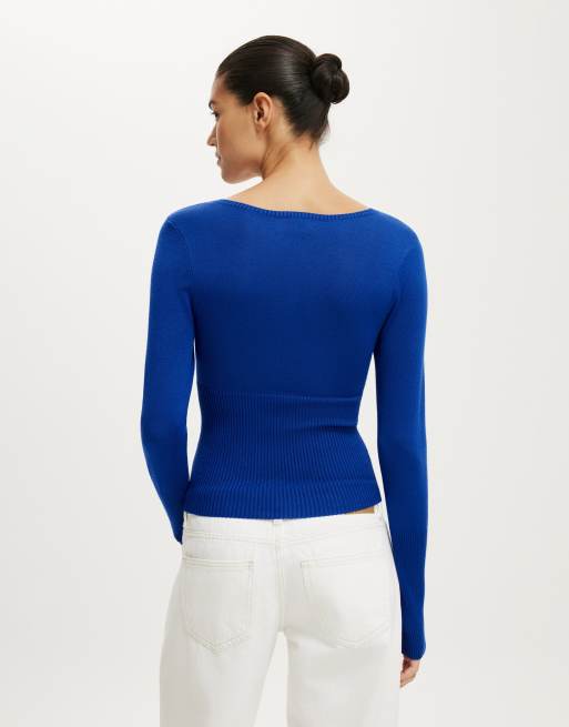 Cotton On Close knit v-neck top in sovereign blue, 4 of 4