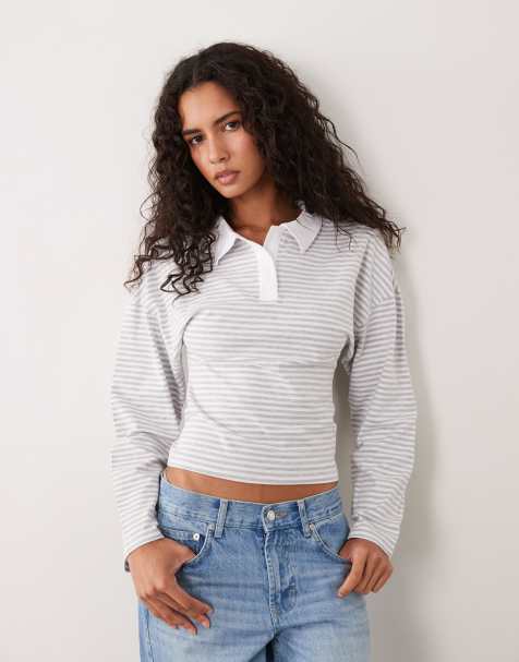 Cotton On codzienne gładkie polo z długim rękawem w szary pasek - view 1