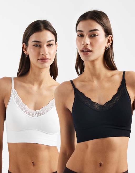 Cotton On - Confezione da 2 brassière taglio lungo senza cuciture nero e bianco con finiture in pizzo