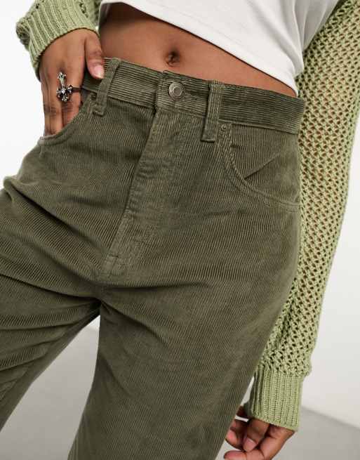 The Green High Waisted Corduroy Pants - Women's Corduroy High Waist Pants,  Straight, Cotton - Green - Bottoms