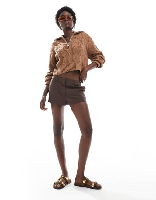 Cotton On cotton cable half zip pullover cardigan in walnut