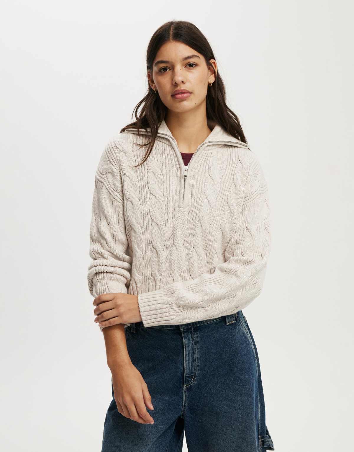 Cotton  On Cotton cable half zip pullover in beige
