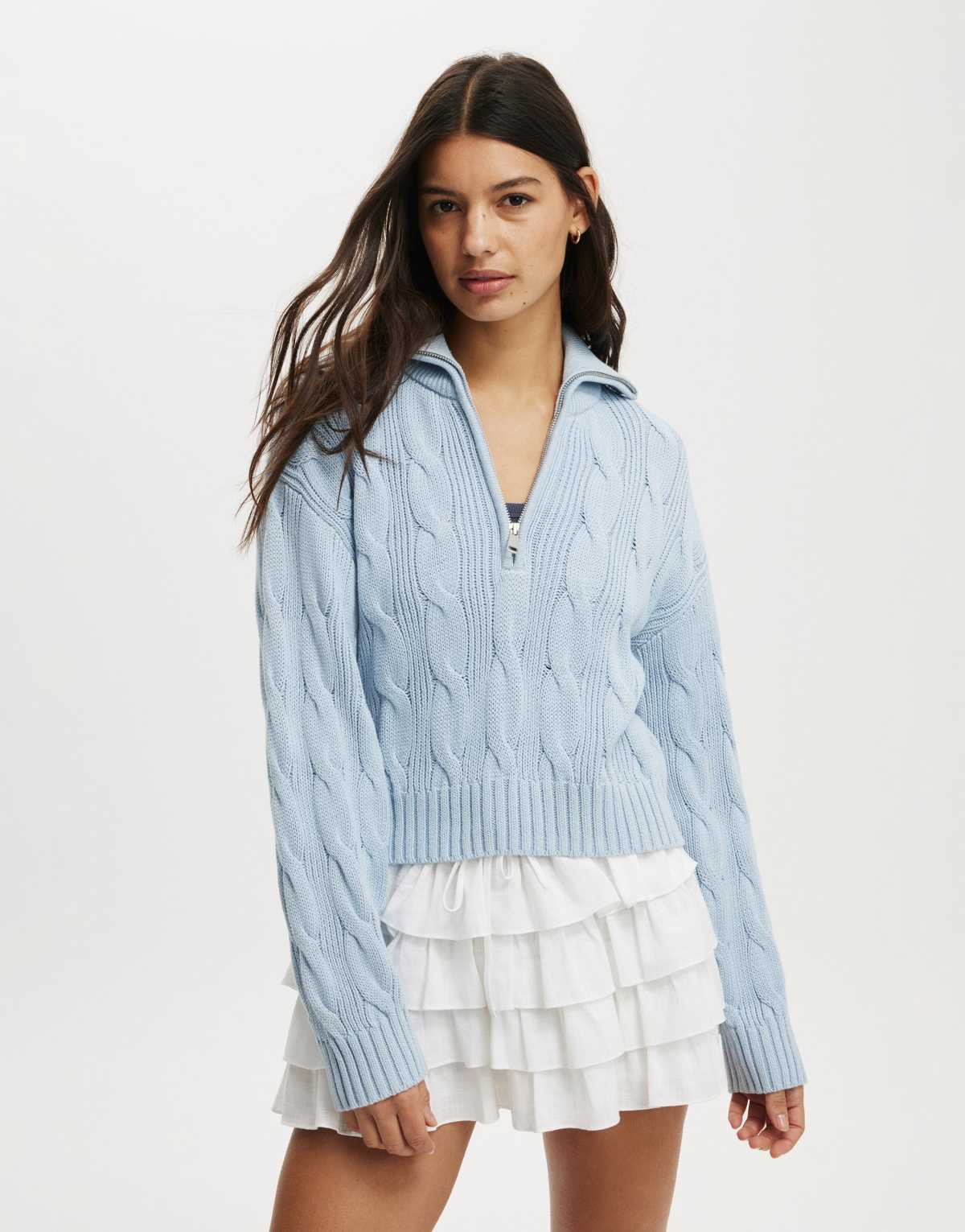 Cotton  On Cotton cable half zip pullover in blue