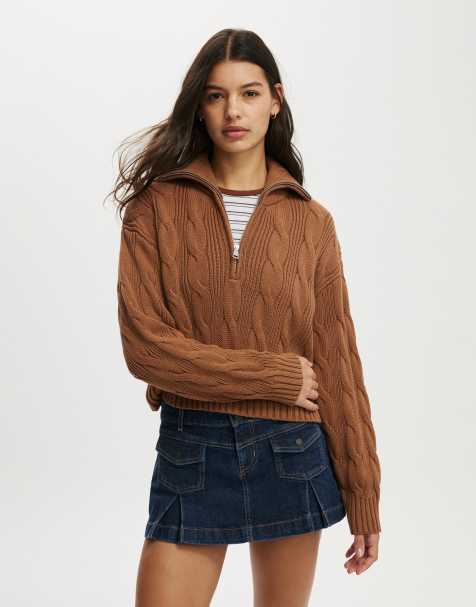 Cotton  On Cotton cable half zip pullover in brown - view 1