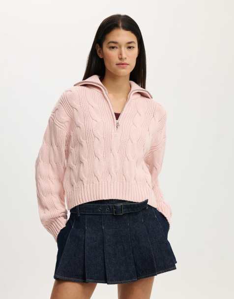 Cotton On Cotton cable half zip pullover in pink - view 1