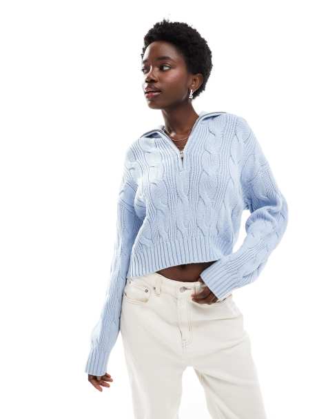 Cotton On cotton cable half zip pullover in serene blue - view 1