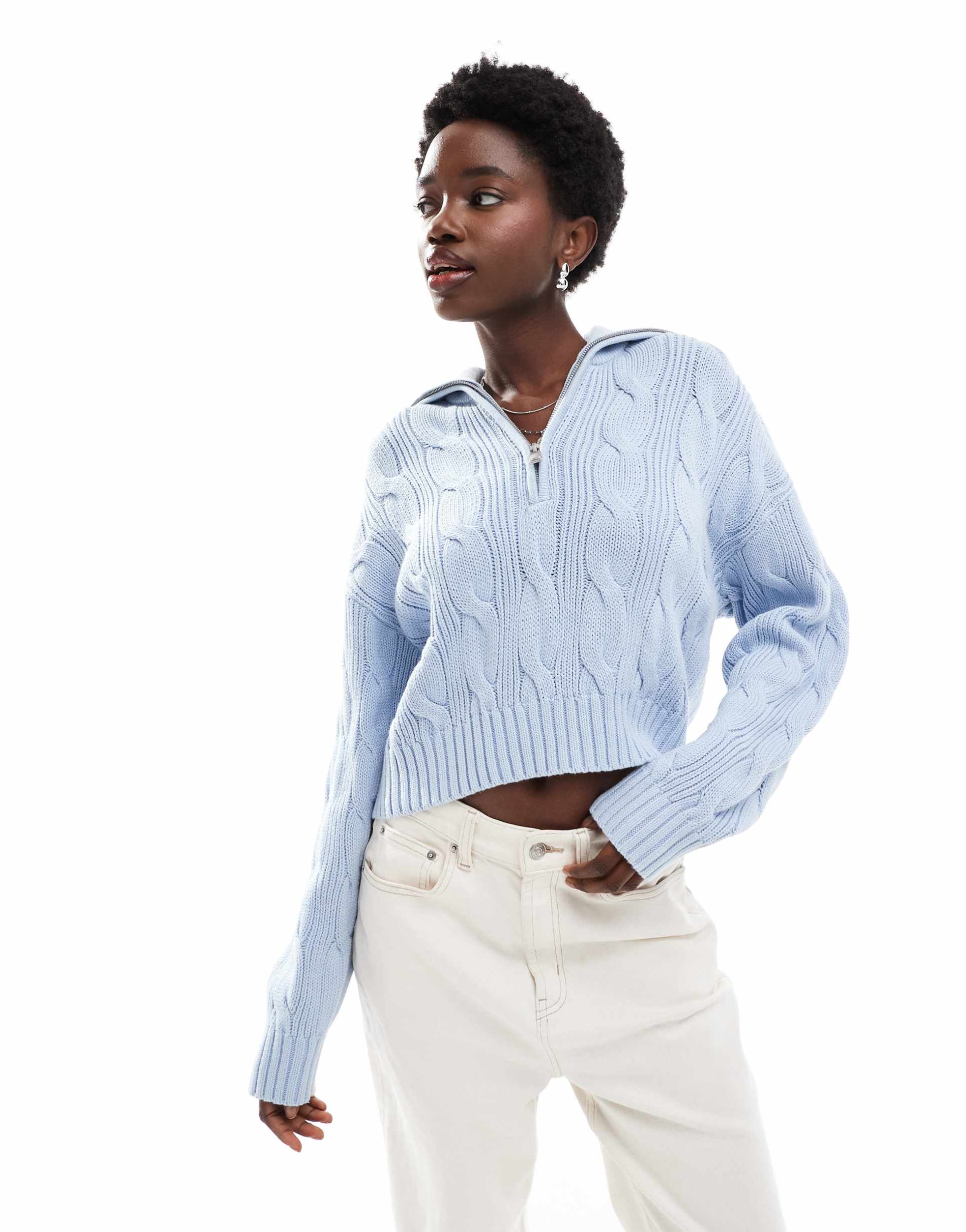cotton on cotton cable knit half zip pullover sweater in serene blue