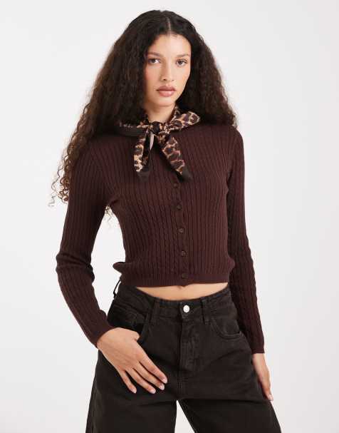 Cotton On cotton crew neck cardigan in dark oak