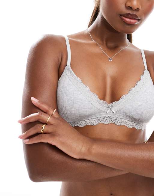 Cotton On  cotton lace triangle padded bralette in grey marle pointelle