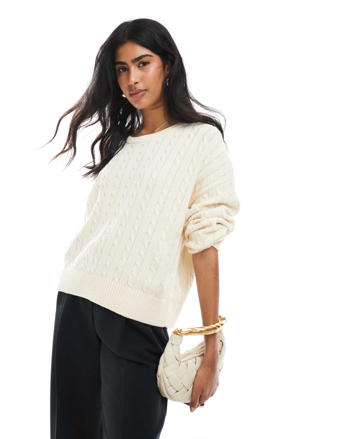 Cotton On crew neck cable knit sweater in oat