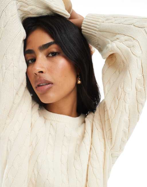 Cotton On crew neck cable knit sweater in oat, 3 of 4