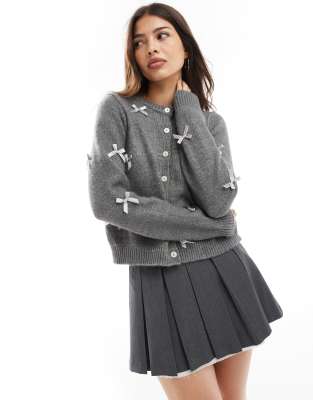 Cotton:on Cotton On Crew Neck Cardigan With Bow Details In Graphite-gray