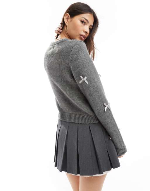 Knitted Cardigan with Bow Detailing and Crew Neckline - White main image 1