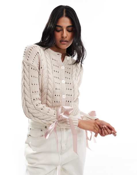 Cotton On crew neck cardigan with bow details in stone - view 1
