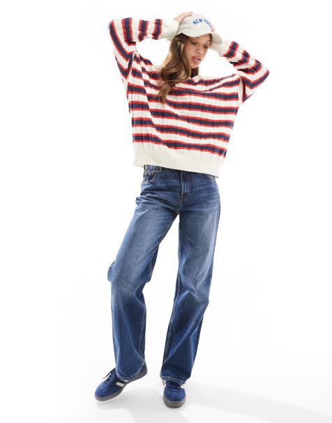 Cotton On crew neck pullover jumper in red stripe - view 1