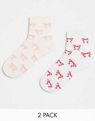 Cotton On crew sock 2 pack in pink red bow-Multi