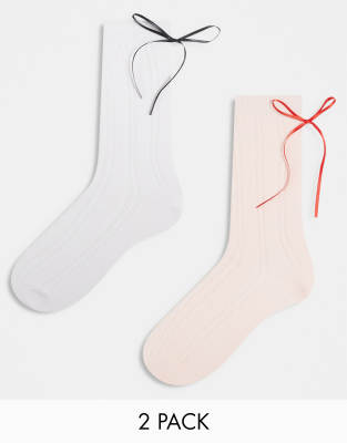 Cotton On crew sock 2 pack in pink white ribbon detail-Multi