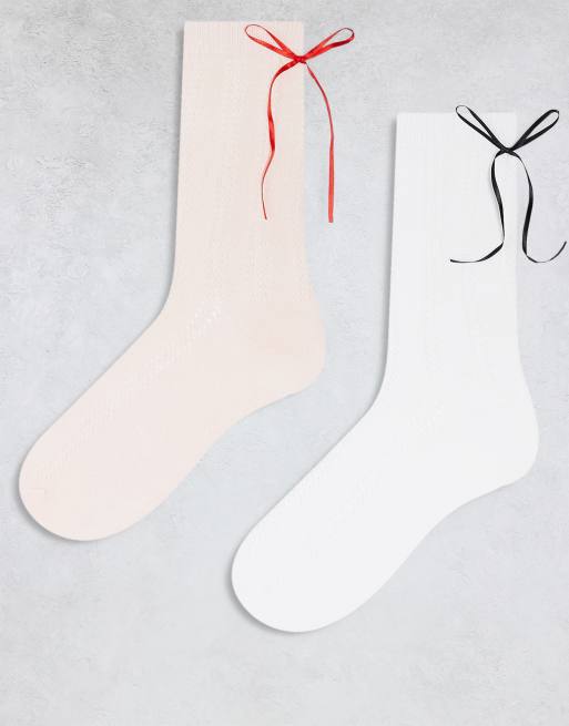 Cotton On crew socks 2 pack in pink white ribbon detail