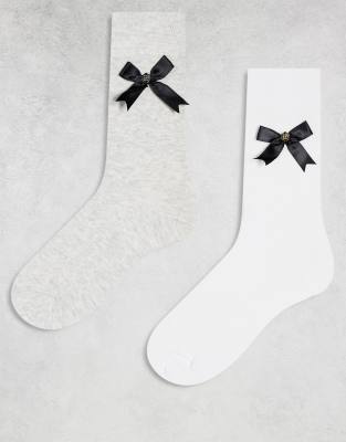 Cotton:On Cotton On crew socks 2 pack with bow detail in white soft gray-Multi